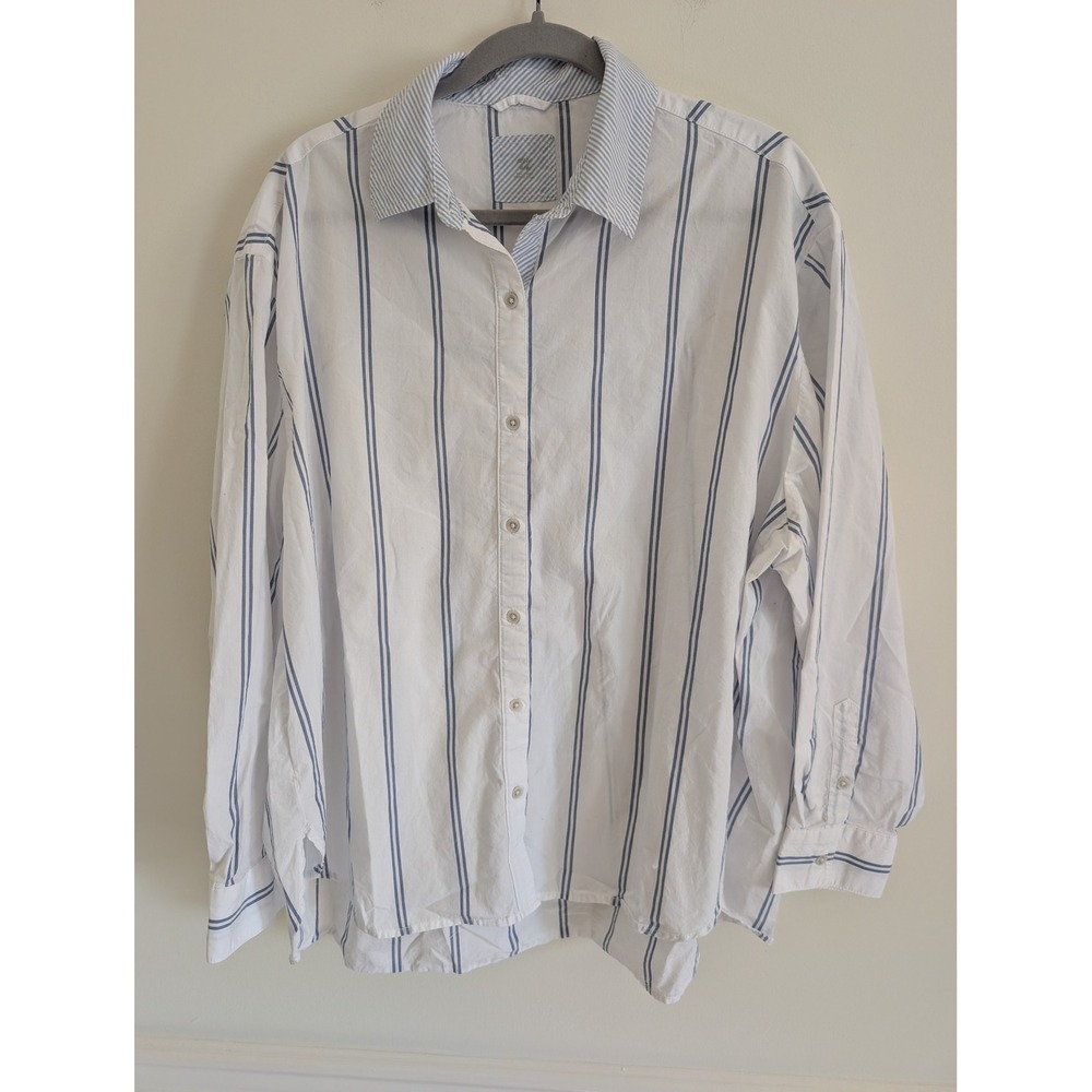 Aerie Womens Blue White Striped Button Down Shirt Oversized Medium coastal